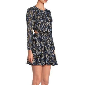 FRENCH CONNECTION Metallic Cutout Mini Dress Long Sleeve Navy Gold Size 10‎ New